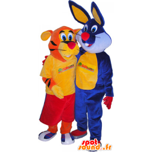 2 Maskottchen: ein orange Tiger und ein blaues Kaninchen - MASFR032490 - Hase Maskottchen