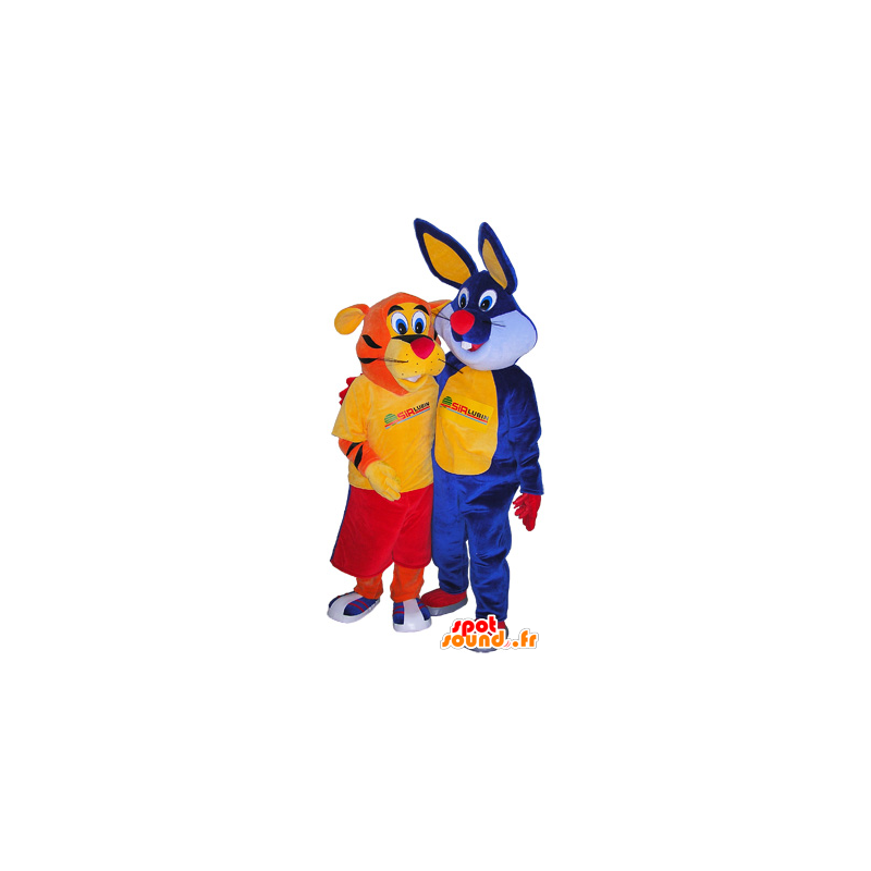 2 mascots: an orange tiger and a blue rabbit - MASFR032490 - Rabbit mascot