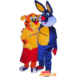 2 mascots: an orange tiger and a blue rabbit - MASFR032490 - Rabbit mascot