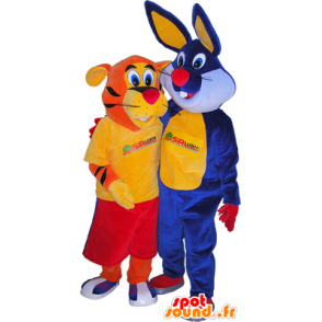 2 mascottes : un tigre orange et un lapin bleu - MASFR032490 - Mascotte de lapins
