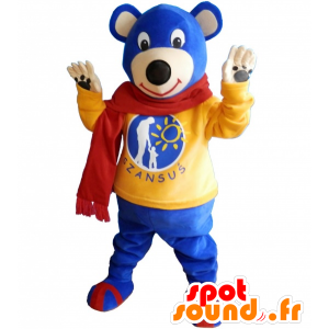 Blu orsacchiotto mascotte con un maglione giallo e sciarpa - MASFR032493 - Mascotte orso