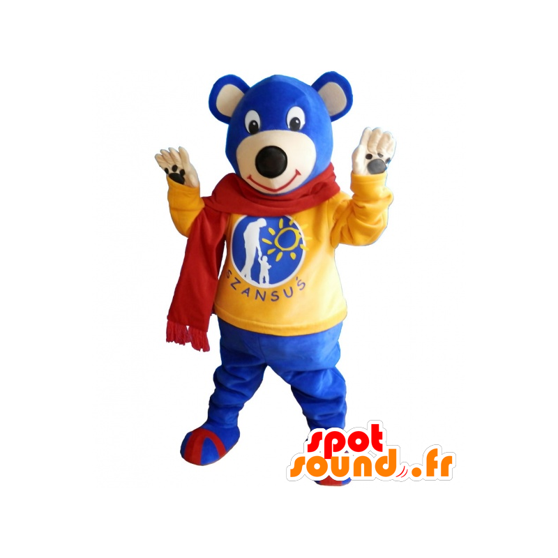 Mascotte de nounours bleu avec un pull jaune et une écharpe - MASFR032493 - Mascotte d'ours