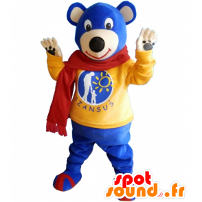 Blu orsacchiotto mascotte con un maglione giallo e sciarpa - MASFR032493 - Mascotte orso