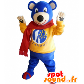 Blauwe teddy mascotte met een gele trui en sjaal - MASFR032493 - Bear Mascot