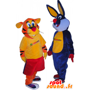 2 mascotes: tigre laranja e um coelho azul - MASFR032494 - coelhos mascote