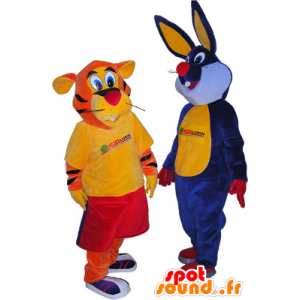 2 mascots: an orange tiger and a blue rabbit - MASFR032494 - Rabbit mascot