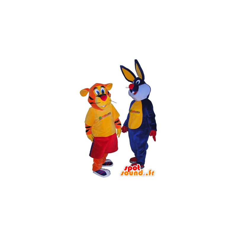 2 mascots: an orange tiger and a blue rabbit - MASFR032494 - Rabbit mascot