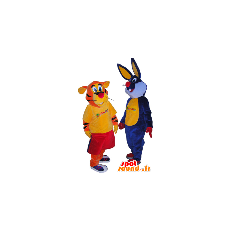 2 maskotar: en orange tiger och en blå kanin - Spotsound maskot