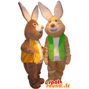 2 mascots brown and white rabbits with colored vests - MASFR032496 - Rabbit mascot