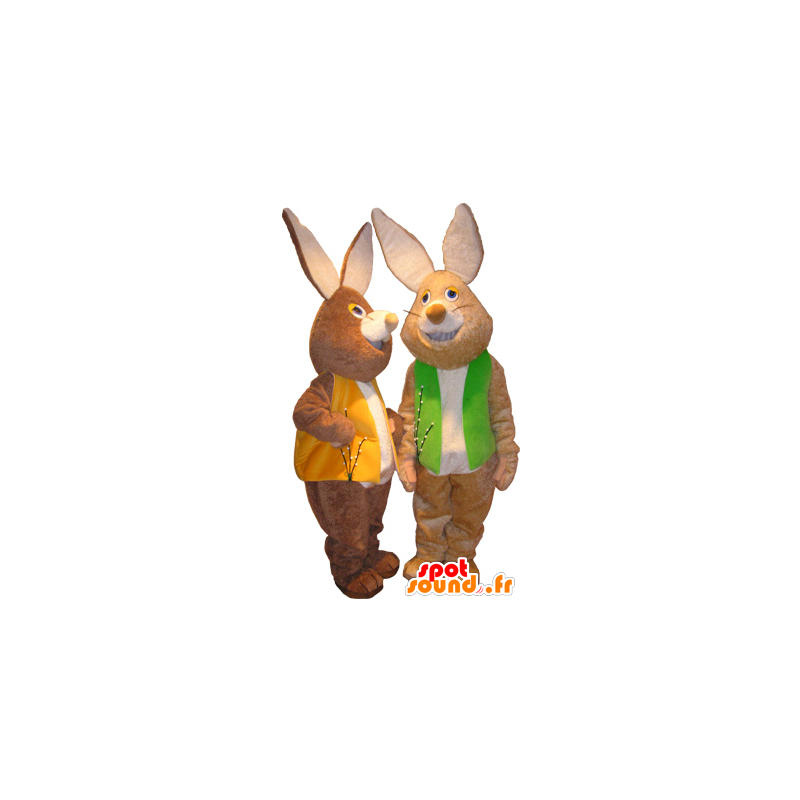 2 mascots brown and white rabbits with colored vests - MASFR032496 - Rabbit mascot