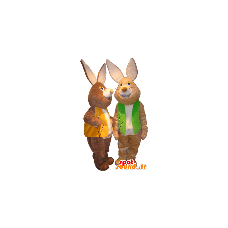 2 mascottes de lapins marron et blanc avec des gilets colorés - MASFR032496 - Mascotte de lapins