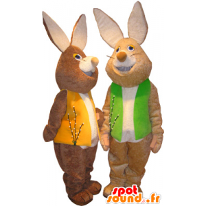 2 mascottes bruine en witte konijnen met gekleurde vesten - MASFR032496 - Mascot konijnen