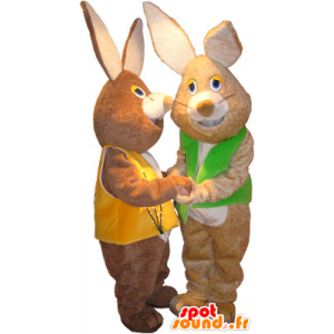 2 mascots brown and white rabbits with colored vests - MASFR032496 - Rabbit mascot