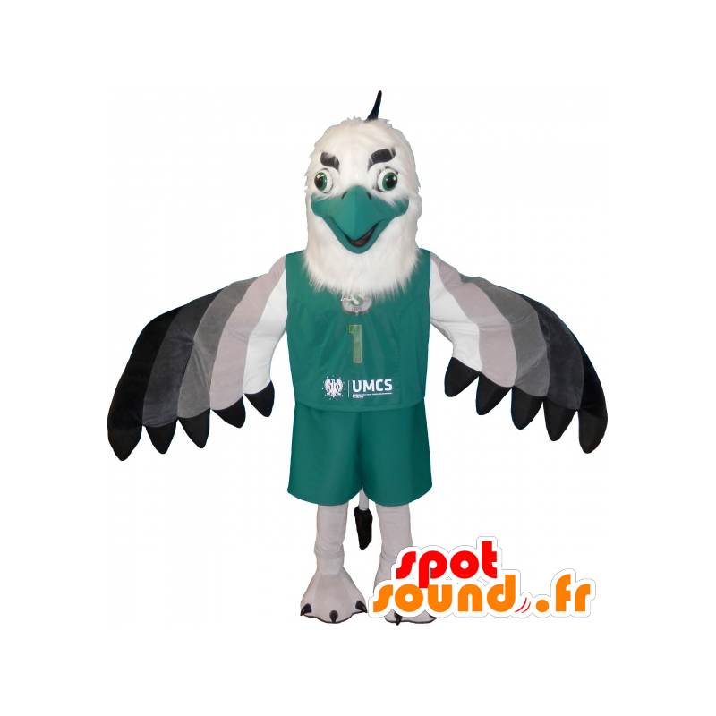 Mascotte d'aigle, de vautour blanc, noir et gris habillé en vert - MASFR032497 - Mascotte d'oiseaux