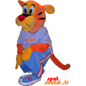 Orange og gul tigermaskot med et blåt tøj - Spotsound maskot