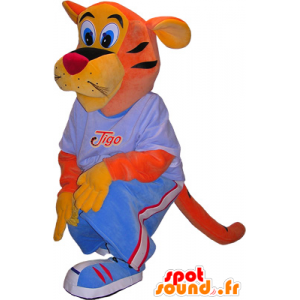 Oranje en geel tijger mascotte met een blauwe jurk - MASFR032498 - Tiger Mascottes