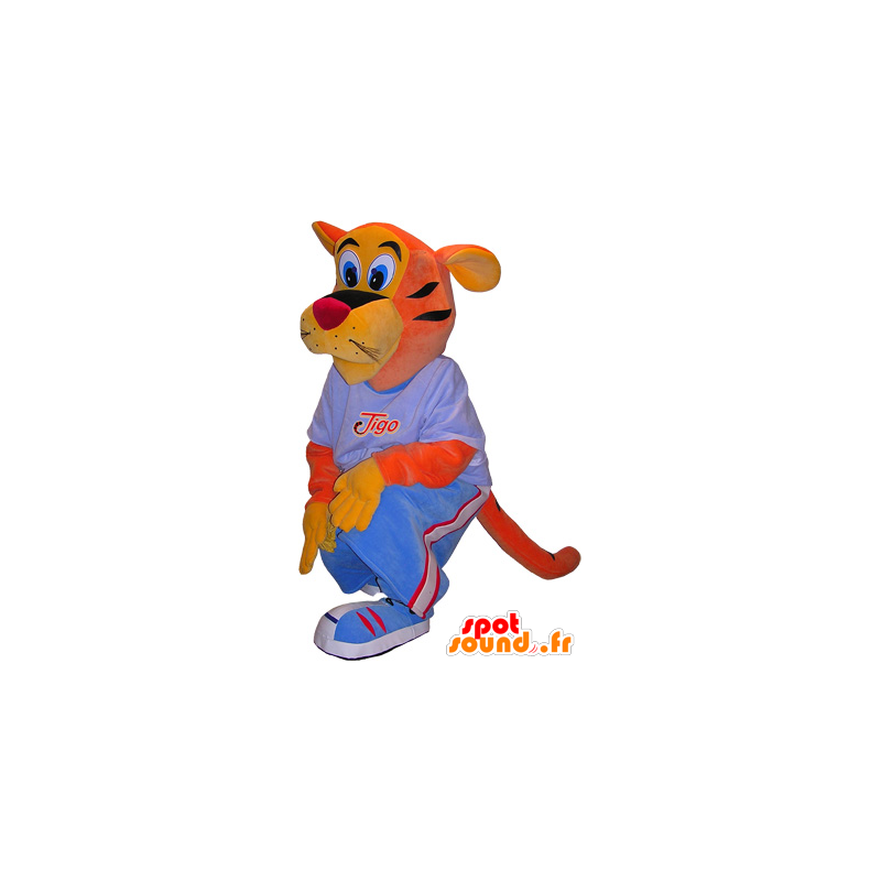 Mascotte de tigre orange et jaune avec une tenue bleue - MASFR032498 - Mascottes Tigre