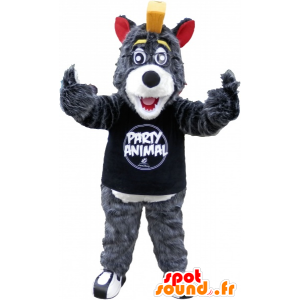 Cinzenta e branca mascote lobo com uma crista amarela - MASFR032500 - lobo Mascotes