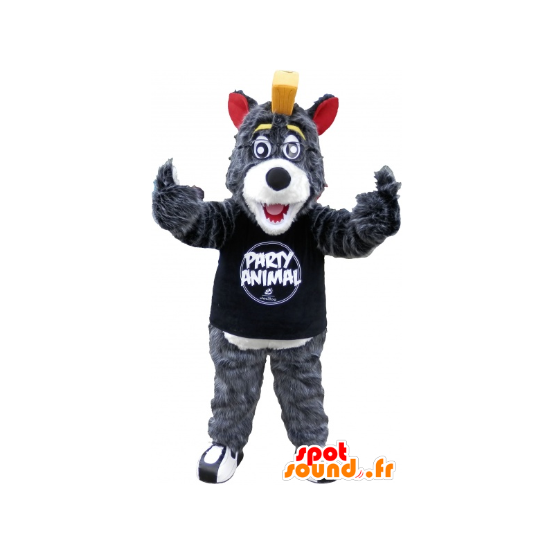 Grau und Weiß Wolf-Maskottchen mit einem gelben Kamm - MASFR032500 - Maskottchen-Wolf