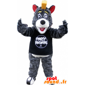 Grau und Weiß Wolf-Maskottchen mit einem gelben Kamm - MASFR032500 - Maskottchen-Wolf