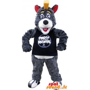 Gray and white wolf mascot with a yellow crest - MASFR032500 - Mascots Wolf