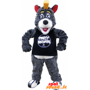 Gray and white wolf mascot with a yellow crest - MASFR032500 - Mascots Wolf