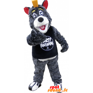 Gray and white wolf mascot with a yellow crest - MASFR032500 - Mascots Wolf