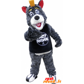 Grijze en witte wolf mascotte met een gele kuif - MASFR032500 - Wolf Mascottes