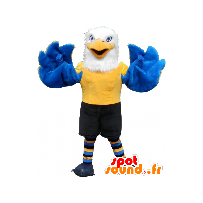 Mascotte d'aigle blanc, jaune et bleu poilu et très réussi - MASFR032501 - Mascotte d'oiseaux