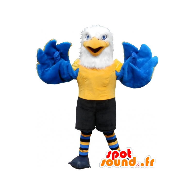 Mascot águia branca, cabeludo e amarelo muito bem sucedido e azul - MASFR032501 - aves mascote