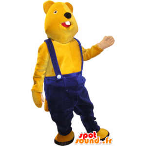 Mascotte de nounours jaune avec une salopette bleue - MASFR032502 - Mascotte d'ours