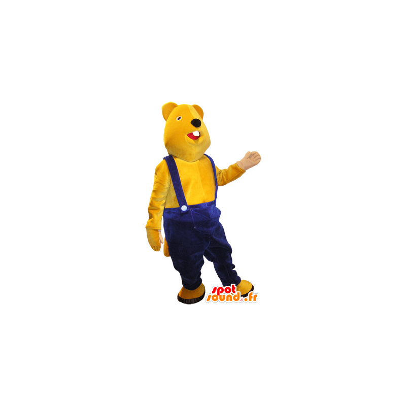 Yellow teddy mascot with blue overalls - MASFR032502 - Bear mascot