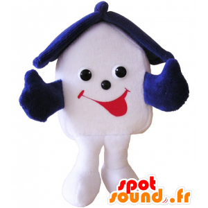 Meget smilende hvid og blå husmaskot - Spotsound maskot