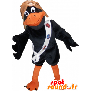 Mascotte de corbeau noir et orange avec un casque de pilote - MASFR032505 - Mascotte d'oiseaux