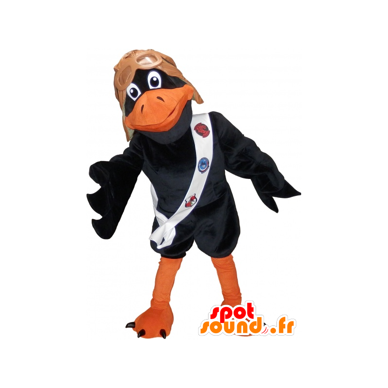 Naranja y negro mascota del cuervo con el casco de un piloto - MASFR032505 - Mascota de aves
