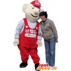 Hvit snømann maskot, en arbeidstaker med en rød jumpsuit - MASFR032507 - Man Maskoter