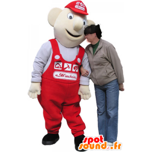 Witte sneeuwman mascotte, een werknemer met een rode jumpsuit - MASFR032507 - man Mascottes