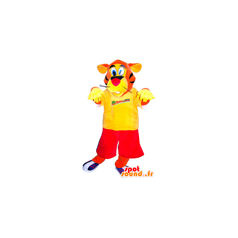 Mascota de tigre anaranjado vestida de rojo y amarillo - MASFR032508 - Mascotas de tigre