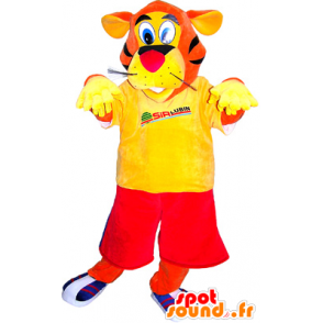 Mascota de tigre anaranjado vestida de rojo y amarillo - MASFR032508 - Mascotas de tigre