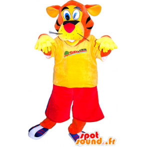 Mascotte de tigre orange habillé en rouge et jaune - MASFR032508 - Mascottes Tigre