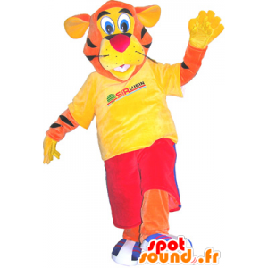 Mascota de tigre anaranjado vestida de rojo y amarillo - MASFR032508 - Mascotas de tigre