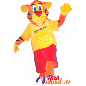 Orange tigermaskot klädd i rött och gult - Spotsound maskot