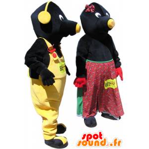 2 mascottes : couple de taupes noires et jaunes - MASFR032510 - Animaux de la forêt