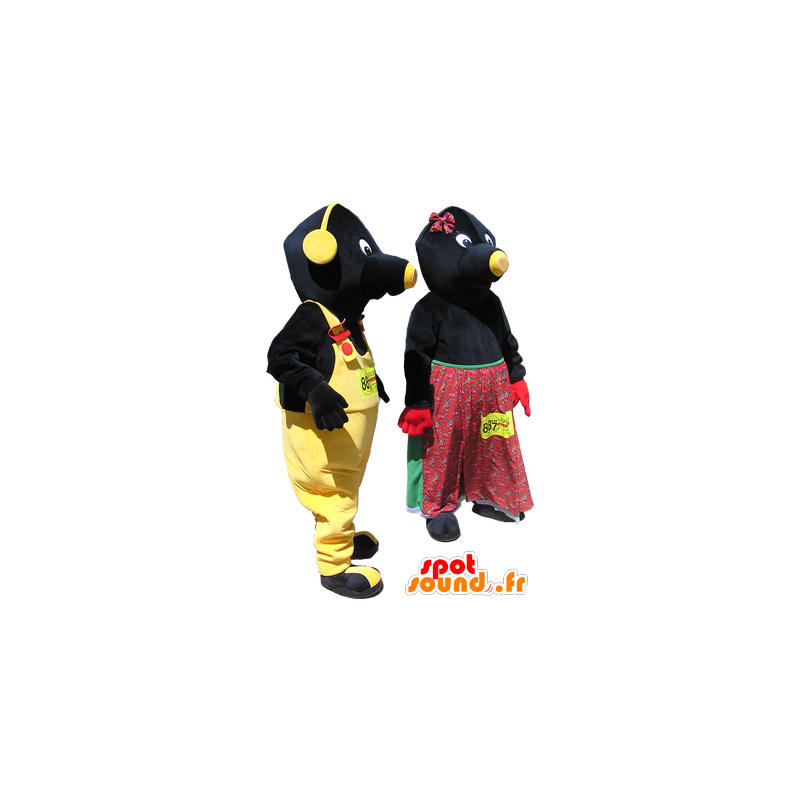 2 maskotar: par svarta och gula mullvadar - Spotsound maskot