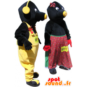 2 mascotte: Coppia talpe nero e giallo - MASFR032510 - Animali della foresta