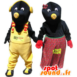 2 mascottes : couple de taupes noires et jaunes - MASFR032510 - Animaux de la forêt