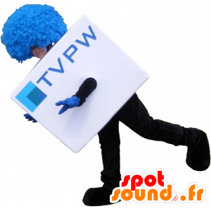 Hvit kubikk maskot med en blå parykk. TV Mascot - MASFR032513 - Maskoter gjenstander