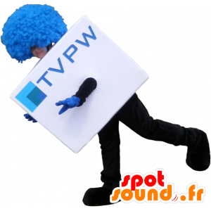 Witte kubieke mascotte met een blauwe pruik. TV Mascot - MASFR032513 - mascottes objecten