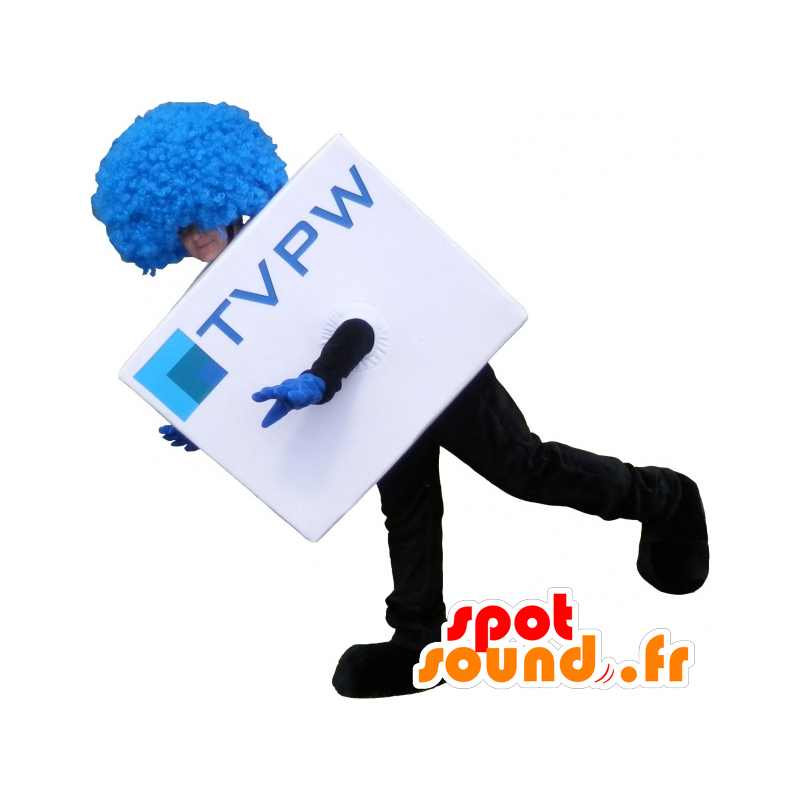 Witte kubieke mascotte met een blauwe pruik. TV Mascot - MASFR032513 - mascottes objecten