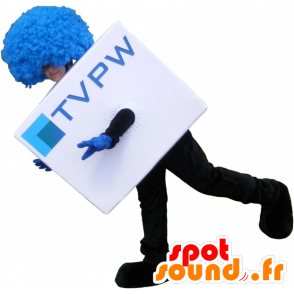 Witte kubieke mascotte met een blauwe pruik. TV Mascot - MASFR032513 - mascottes objecten